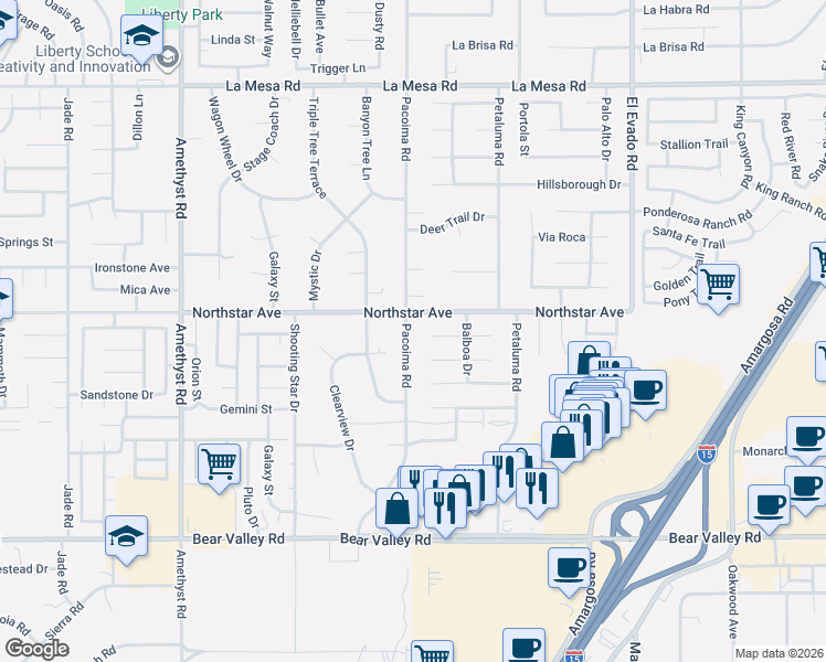 map of restaurants, bars, coffee shops, grocery stores, and more near 12471 Pacoima Road in Victorville