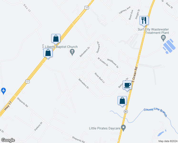 map of restaurants, bars, coffee shops, grocery stores, and more near 327 Rose Bud Lane in Holly Ridge