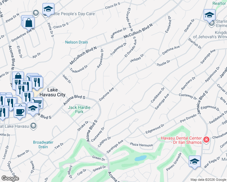map of restaurants, bars, coffee shops, grocery stores, and more near 2612 Daytona Ave in Lake Havasu City