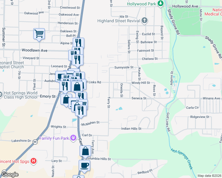 map of restaurants, bars, coffee shops, grocery stores, and more near 198 Golf Links Road in Hot Springs