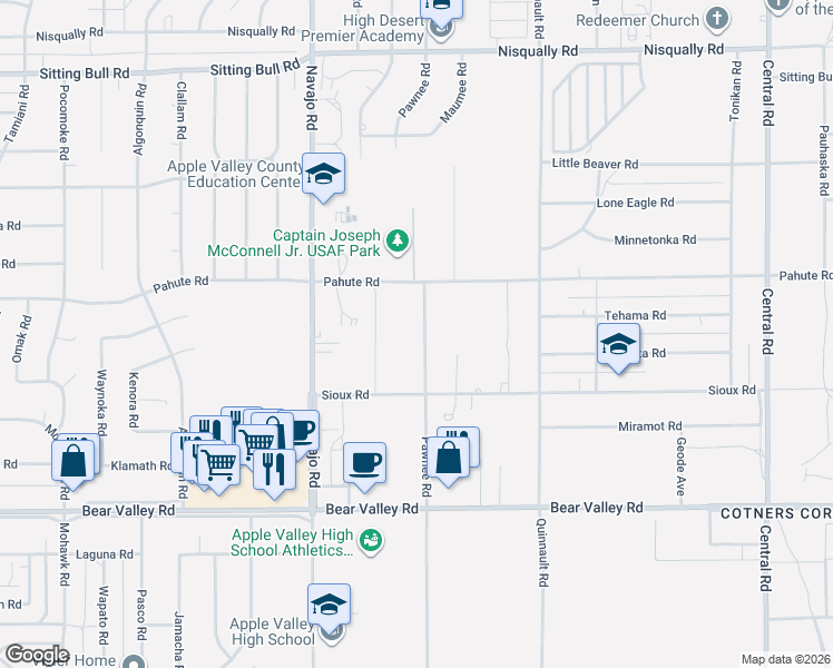 map of restaurants, bars, coffee shops, grocery stores, and more near 12424 Pawnee Road in Apple Valley