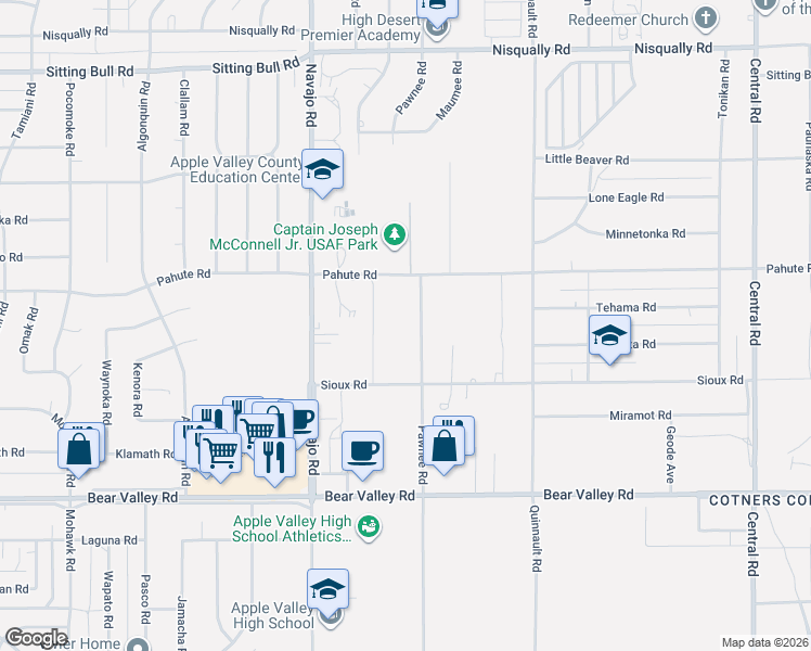 map of restaurants, bars, coffee shops, grocery stores, and more near 12424 Pawnee Road in Apple Valley
