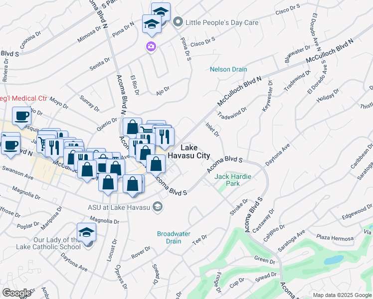 map of restaurants, bars, coffee shops, grocery stores, and more near 2330 McCulloch Boulevard North in Lake Havasu City