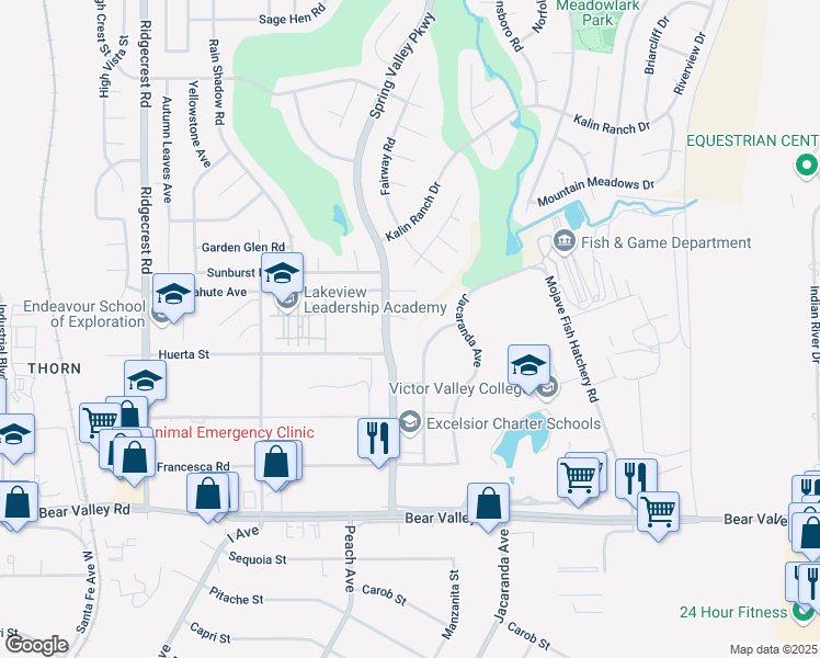 map of restaurants, bars, coffee shops, grocery stores, and more near 18163 Deer Park Lane in Victorville