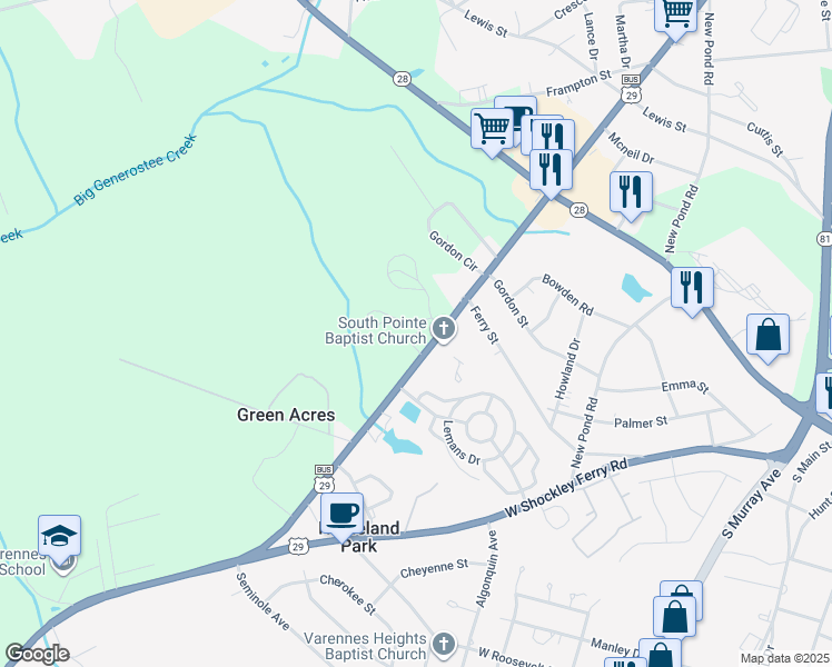 map of restaurants, bars, coffee shops, grocery stores, and more near 1300 Sayre Street in Anderson