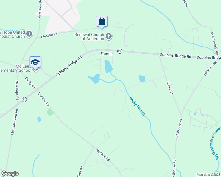 map of restaurants, bars, coffee shops, grocery stores, and more near 232 Strawberry Road in Anderson