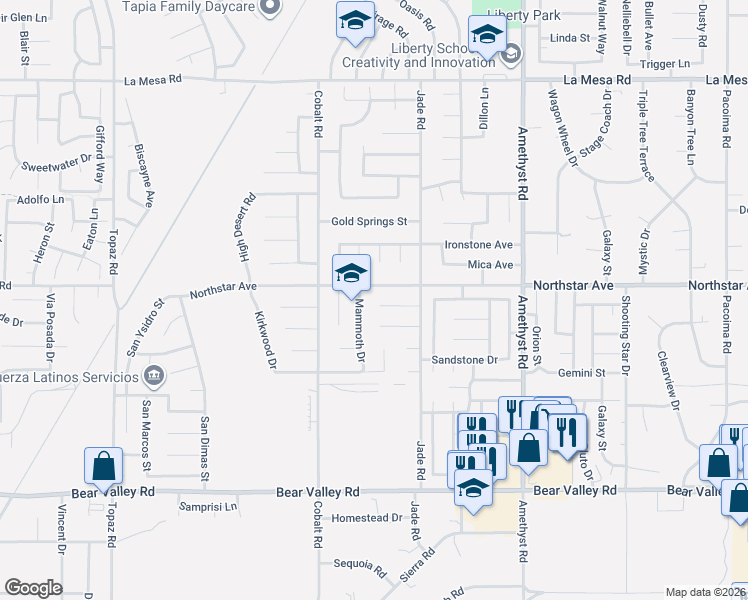 map of restaurants, bars, coffee shops, grocery stores, and more near 13419 Northstar Avenue in Victorville