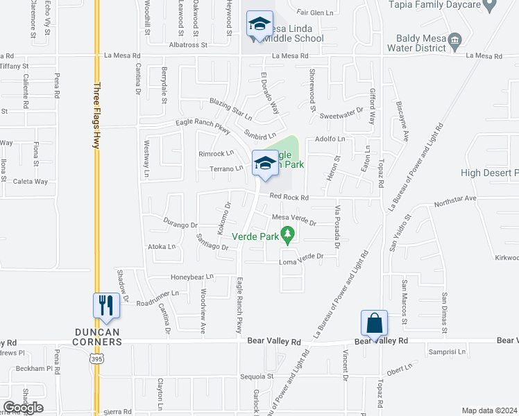 map of restaurants, bars, coffee shops, grocery stores, and more near 12472 Mesa Verde Court in Victorville