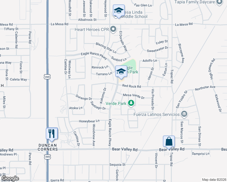 map of restaurants, bars, coffee shops, grocery stores, and more near 12477 Redrock Court in Victorville