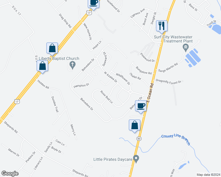 map of restaurants, bars, coffee shops, grocery stores, and more near 239 Red Carnation Drive in Holly Ridge