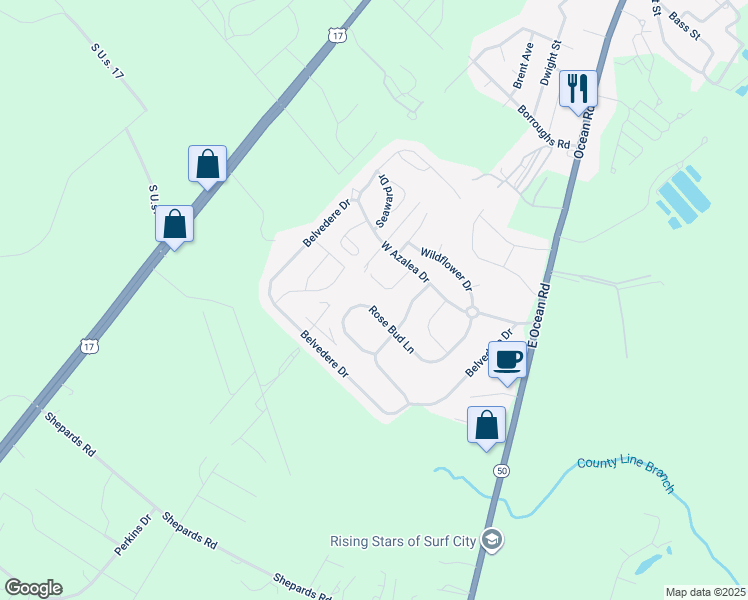 map of restaurants, bars, coffee shops, grocery stores, and more near 339 Rose Bud Lane in Holly Ridge