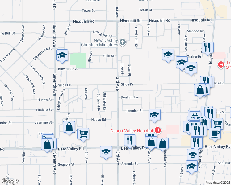 map of restaurants, bars, coffee shops, grocery stores, and more near 12450 3rd Avenue in Victorville
