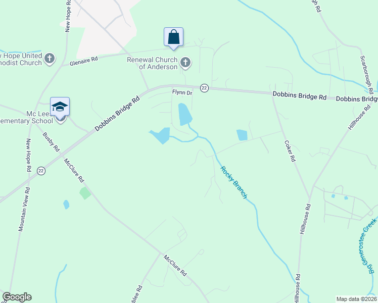 map of restaurants, bars, coffee shops, grocery stores, and more near 232 Strawberry Road in Anderson