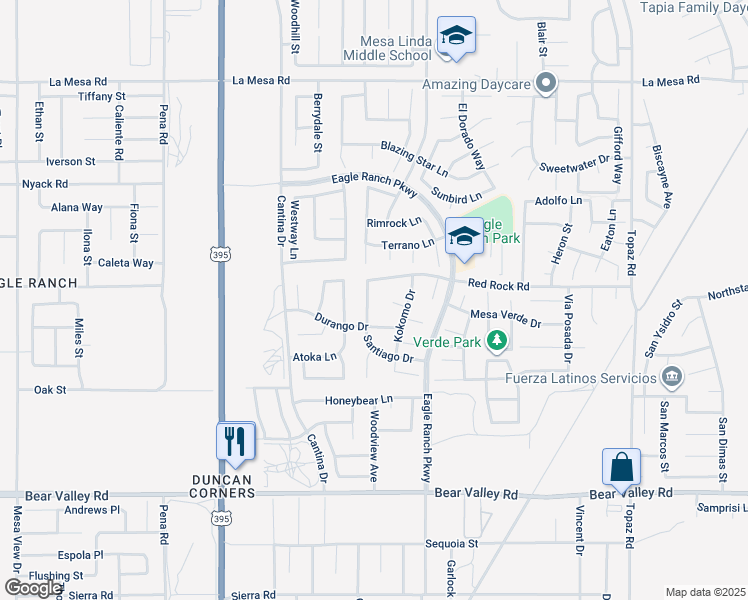 map of restaurants, bars, coffee shops, grocery stores, and more near 12471 Santiago Drive in Victorville
