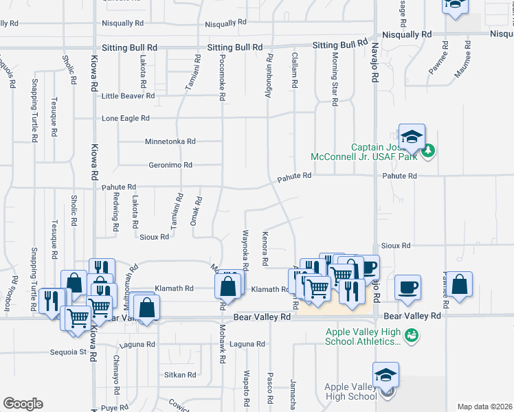 map of restaurants, bars, coffee shops, grocery stores, and more near 21331 Pahute Road in Apple Valley