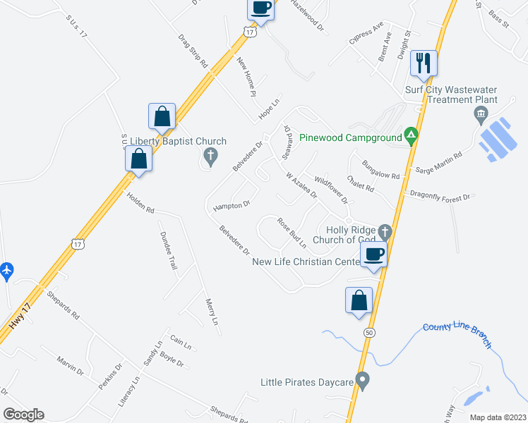 map of restaurants, bars, coffee shops, grocery stores, and more near 329 Rose Bud Lane in Holly Ridge