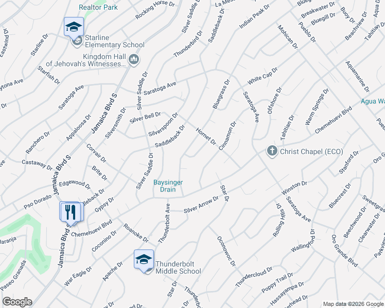 map of restaurants, bars, coffee shops, grocery stores, and more near 3296 Baysinger Drive in Lake Havasu City