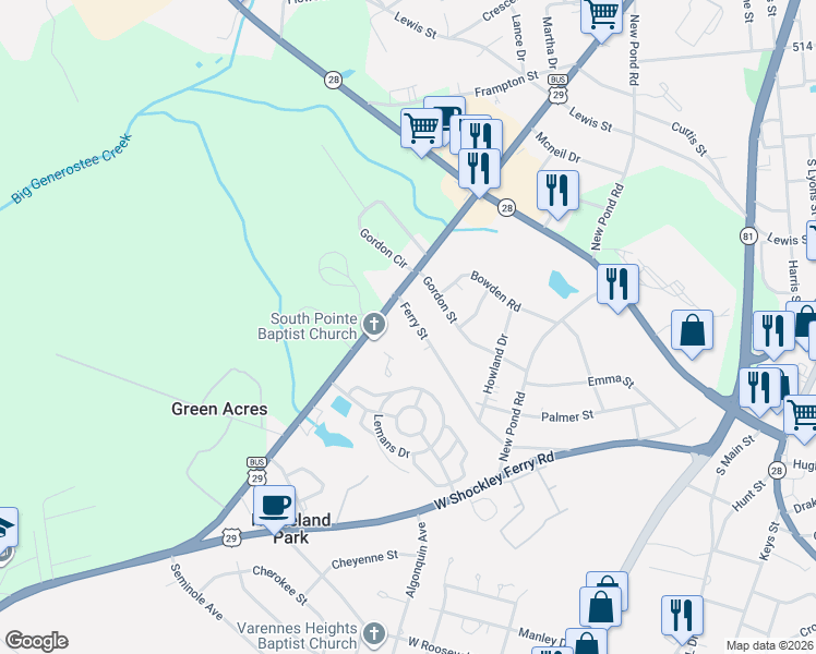 map of restaurants, bars, coffee shops, grocery stores, and more near 1001 Ferry Street in Anderson