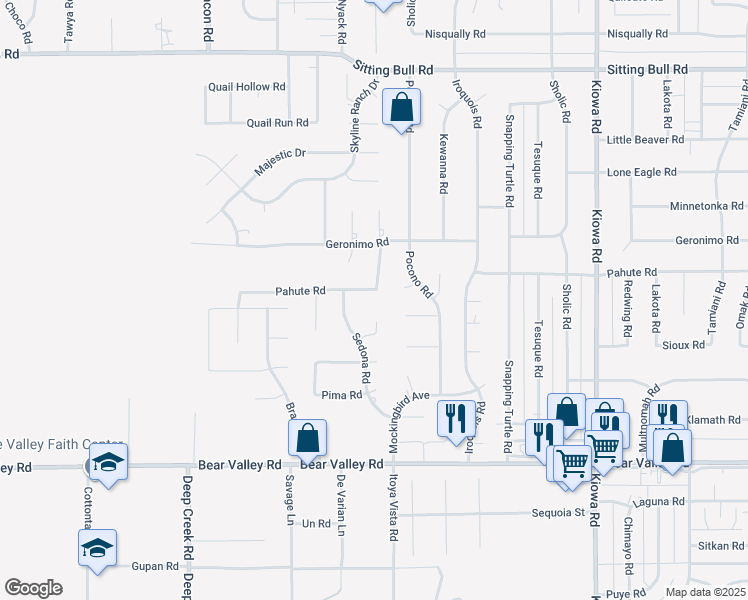 map of restaurants, bars, coffee shops, grocery stores, and more near 20385 Pahute Road in Apple Valley