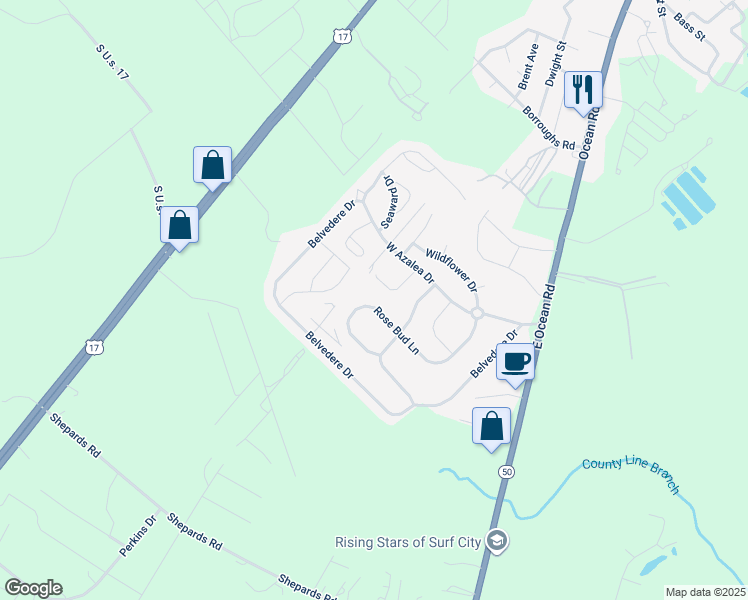 map of restaurants, bars, coffee shops, grocery stores, and more near 337 Rose Bud Lane in Holly Ridge