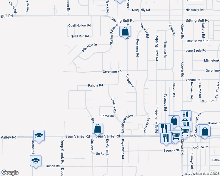 map of restaurants, bars, coffee shops, grocery stores, and more near 20361 Pahute Road in Apple Valley