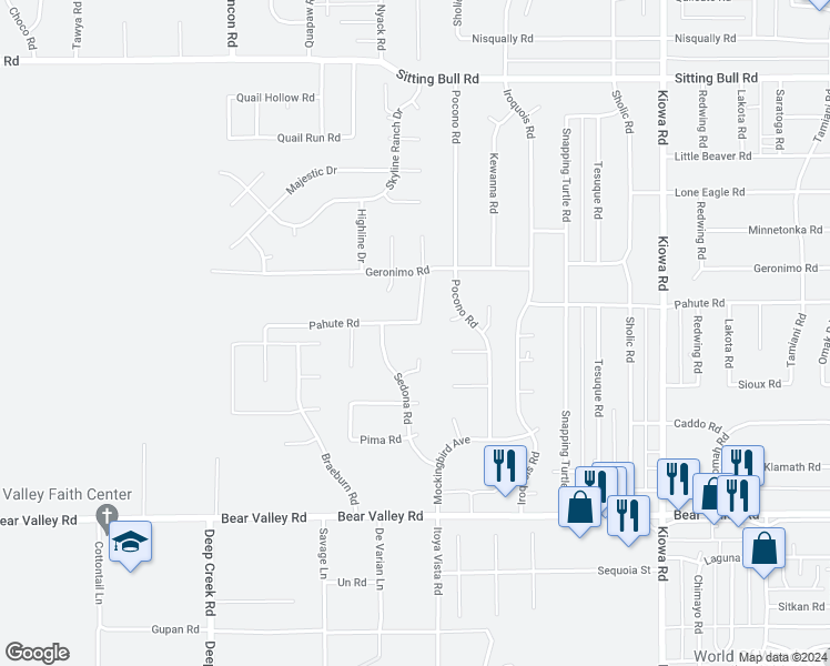 map of restaurants, bars, coffee shops, grocery stores, and more near 20385 Pahute Road in Apple Valley