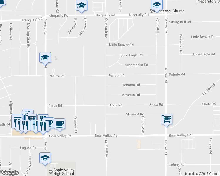map of restaurants, bars, coffee shops, grocery stores, and more near 12425 Quinnault Road in Apple Valley