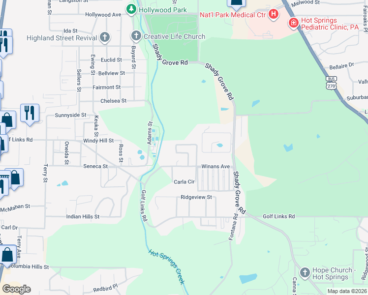 map of restaurants, bars, coffee shops, grocery stores, and more near 162 Chelle Street in Hot Springs