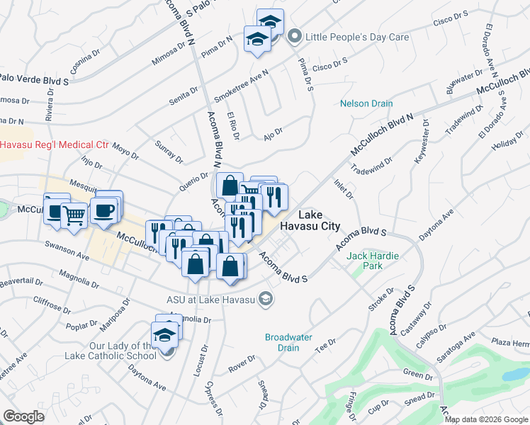 map of restaurants, bars, coffee shops, grocery stores, and more near 80 Acoma Boulevard North in Lake Havasu City