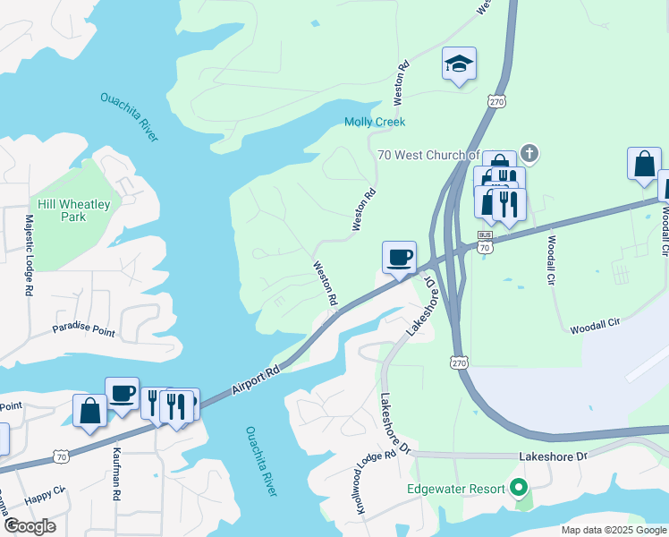 map of restaurants, bars, coffee shops, grocery stores, and more near 715 Weston Road in Hot Springs