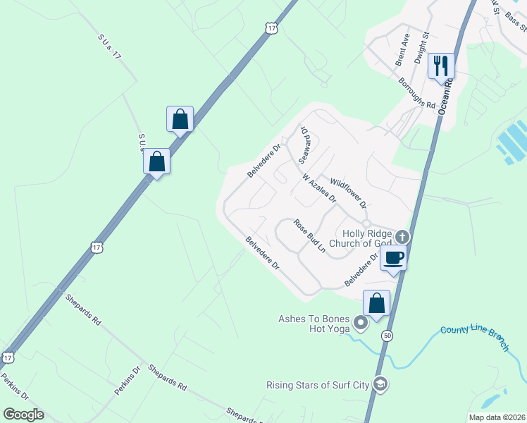 map of restaurants, bars, coffee shops, grocery stores, and more near 116 Hampton Drive in Holly Ridge