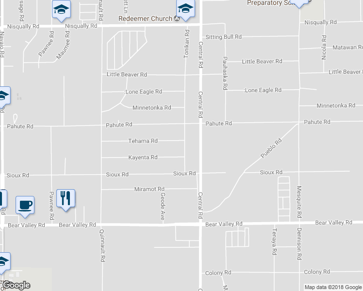 map of restaurants, bars, coffee shops, grocery stores, and more near 12416 Tonikan Road in Apple Valley