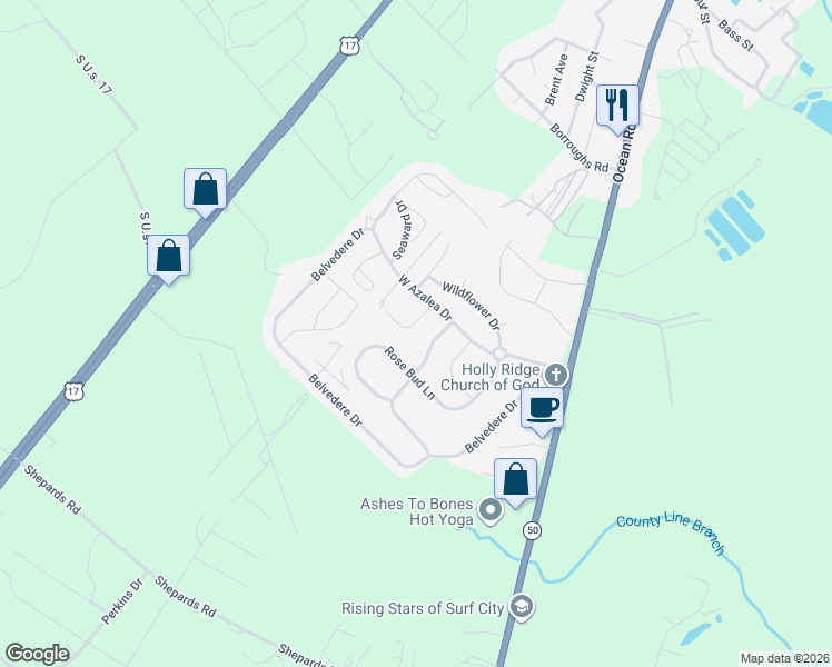 map of restaurants, bars, coffee shops, grocery stores, and more near 411 Tree Court in Holly Ridge