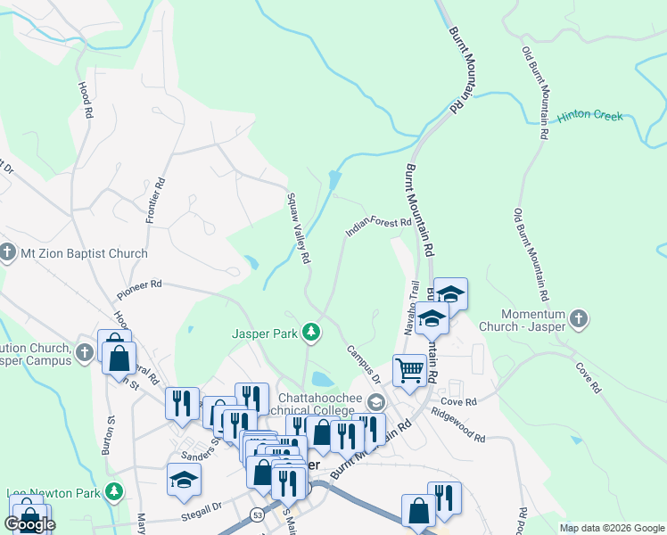 map of restaurants, bars, coffee shops, grocery stores, and more near 306 Indian Forest Road in Jasper