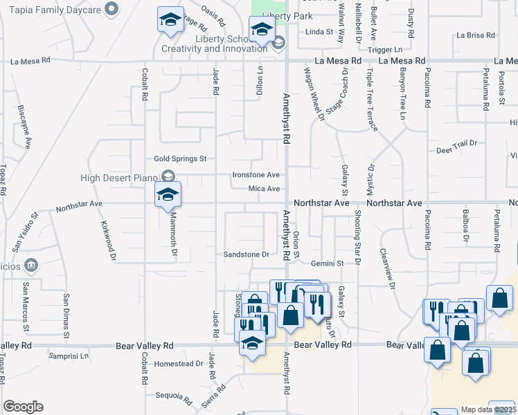 map of restaurants, bars, coffee shops, grocery stores, and more near 13624 Copperstone Drive in Victorville