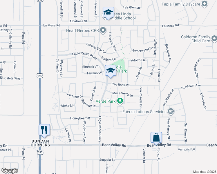 map of restaurants, bars, coffee shops, grocery stores, and more near 12495 Redrock Court in Victorville