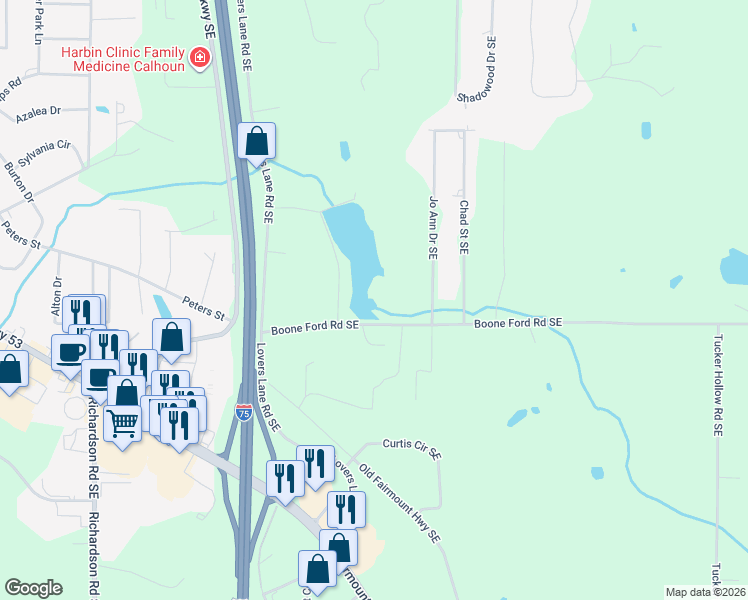 map of restaurants, bars, coffee shops, grocery stores, and more near 264 Boone Ford Road Southeast in Calhoun
