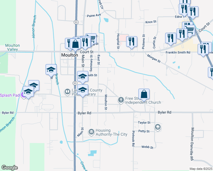 map of restaurants, bars, coffee shops, grocery stores, and more near 75 Sommerville Avenue in Moulton