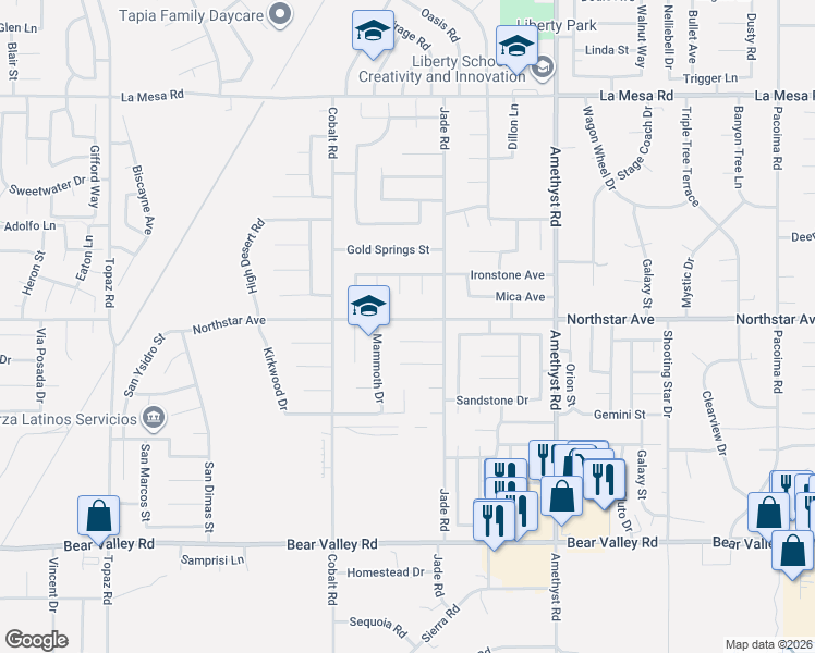 map of restaurants, bars, coffee shops, grocery stores, and more near 13433 Northstar Avenue in Victorville