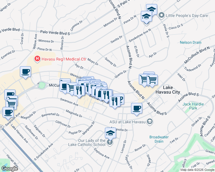 map of restaurants, bars, coffee shops, grocery stores, and more near 2095 Mesquite Avenue in Lake Havasu City