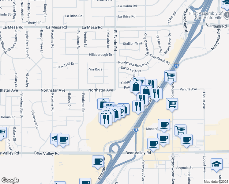 map of restaurants, bars, coffee shops, grocery stores, and more near 14495 Northstar Avenue in Victorville