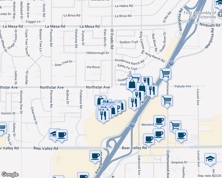 map of restaurants, bars, coffee shops, grocery stores, and more near 14495 Northstar Avenue in Victorville