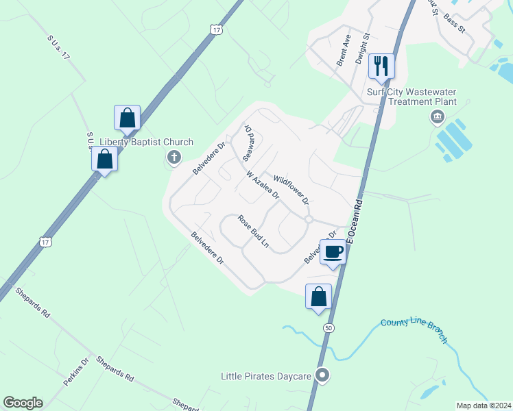 map of restaurants, bars, coffee shops, grocery stores, and more near 411 Tree Court in Holly Ridge