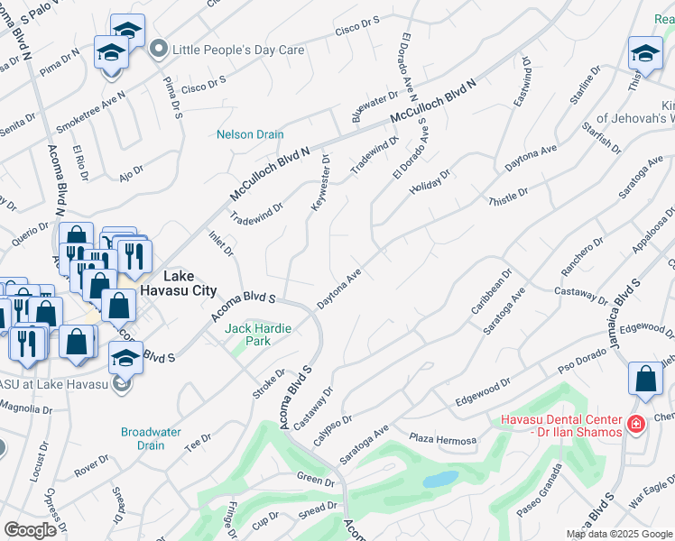map of restaurants, bars, coffee shops, grocery stores, and more near 192-196 Wayfarer Lane in Lake Havasu City