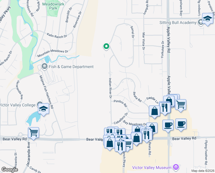 map of restaurants, bars, coffee shops, grocery stores, and more near 12450 Indian River Drive in Apple Valley
