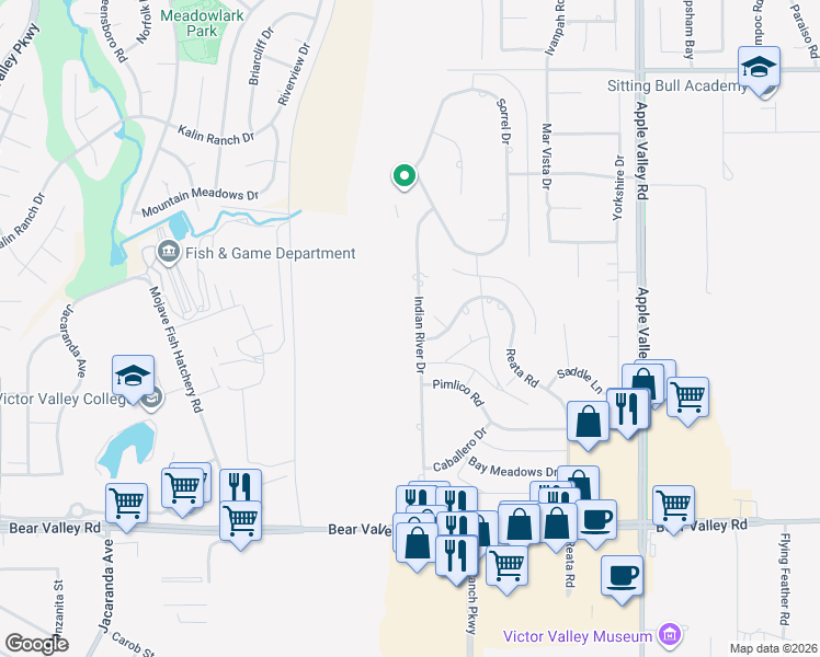 map of restaurants, bars, coffee shops, grocery stores, and more near 12450 Indian River Drive in Apple Valley