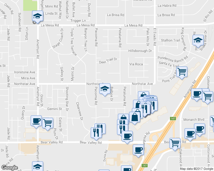 map of restaurants, bars, coffee shops, grocery stores, and more near 14177 Northstar Avenue in Victorville