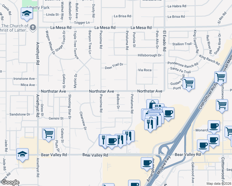 map of restaurants, bars, coffee shops, grocery stores, and more near 14191 Northstar Avenue in Victorville