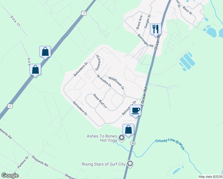 map of restaurants, bars, coffee shops, grocery stores, and more near 246 Red Carnation Drive in Holly Ridge