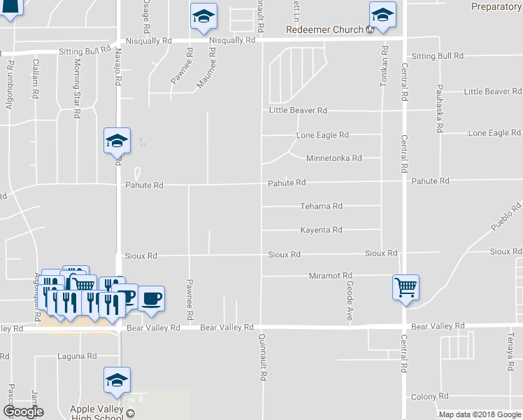 map of restaurants, bars, coffee shops, grocery stores, and more near 12425 Quinnault Road in Apple Valley